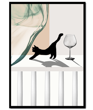 Composición abstracta con gato negro y copa de vino sobre fondo geométrico