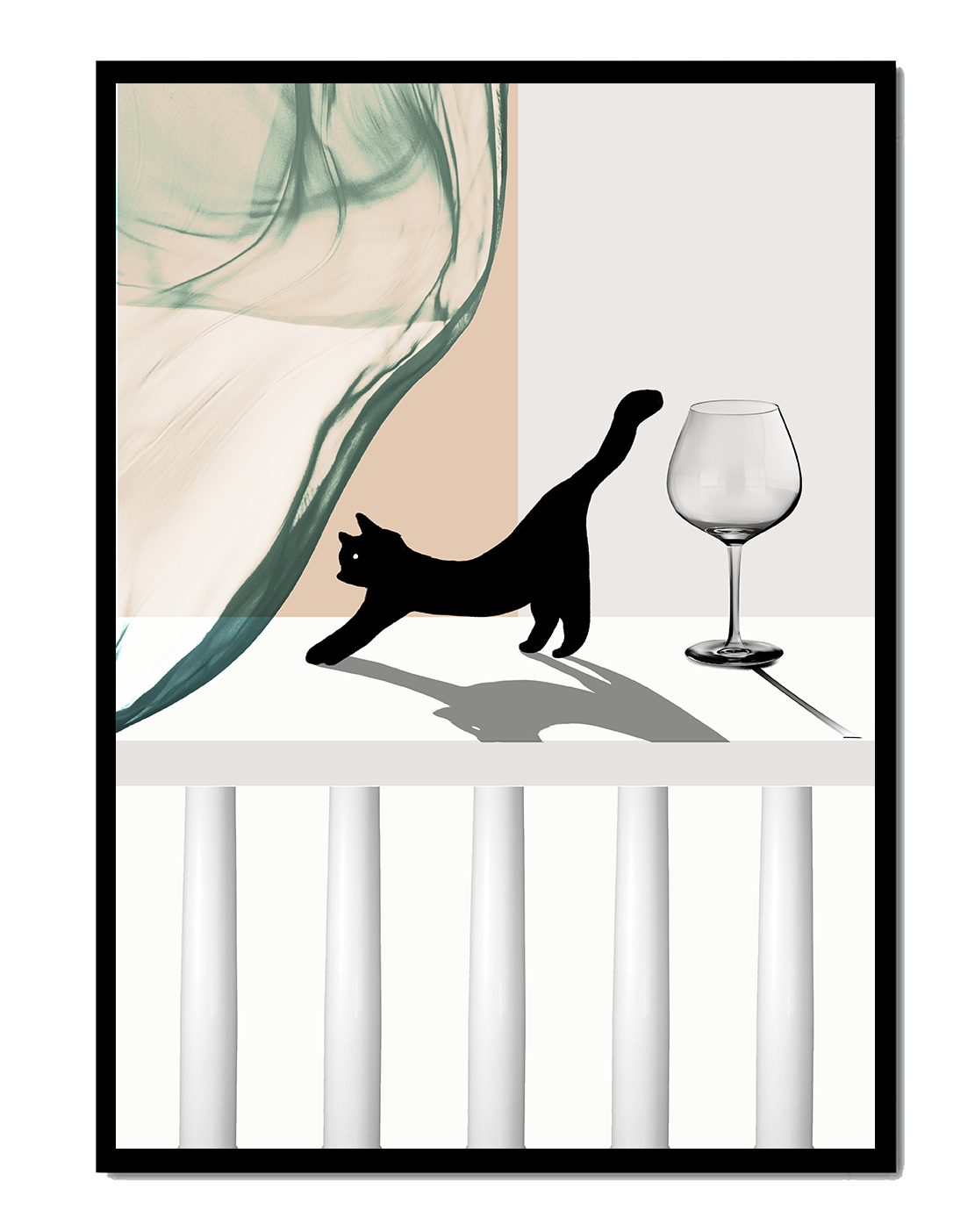 Abstract Composition with Black Cat and Wine Glass on Geometric Background