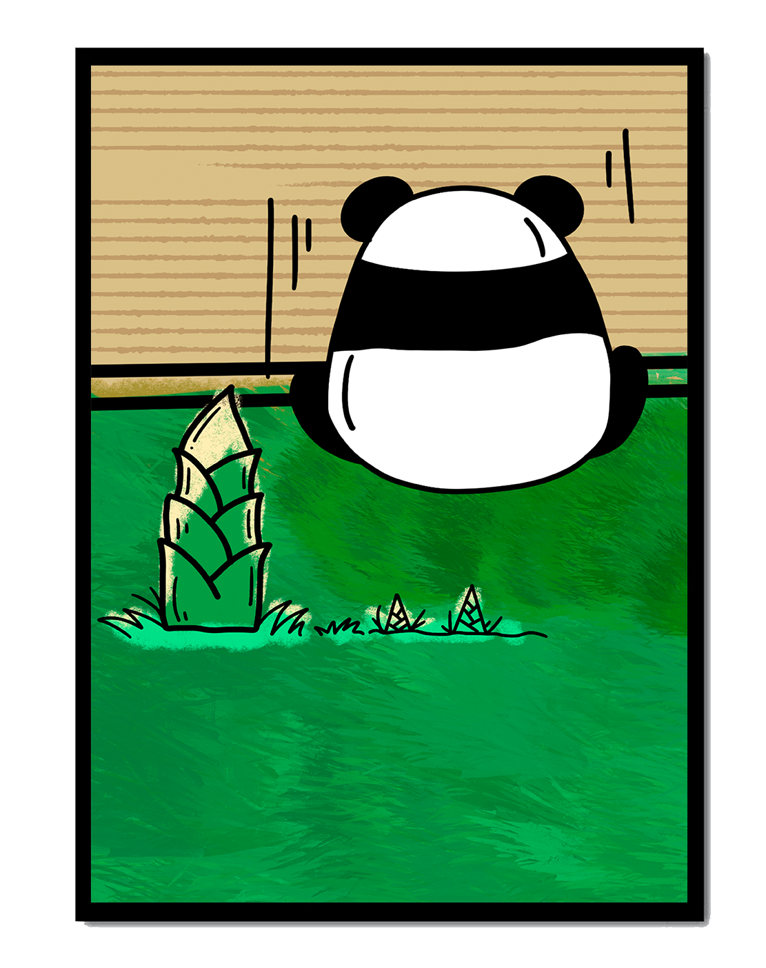 Whimsical panda in a green bamboo forest background
