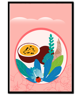 Ilustración de frutas tropicales y hojas con una mariquita sobre un fondo rosa