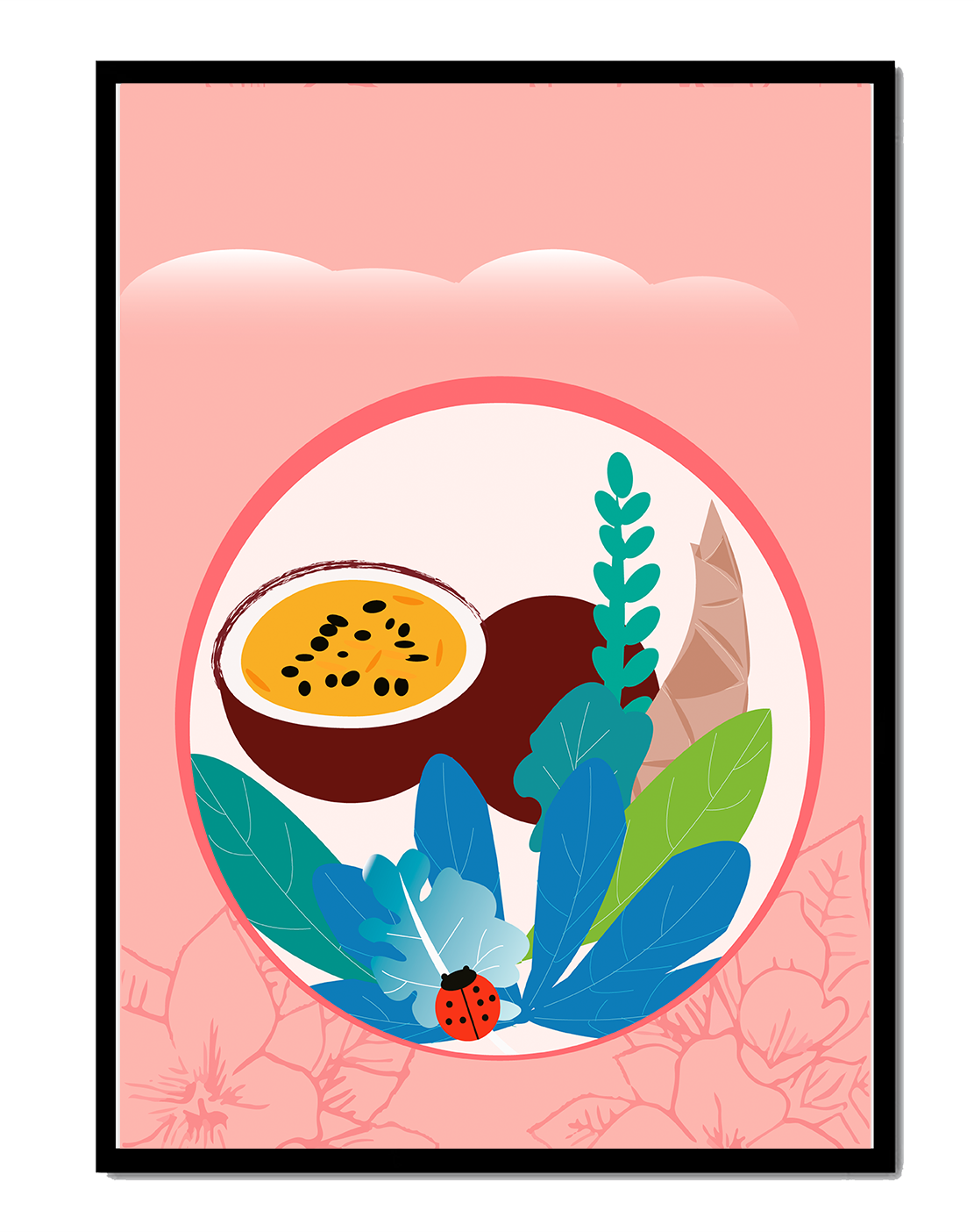 Ilustración de frutas tropicales y hojas con una mariquita sobre un fondo rosa