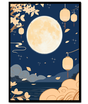 Full Moon Night with Lanterns and Falling Leaves in Tranquil Landscape