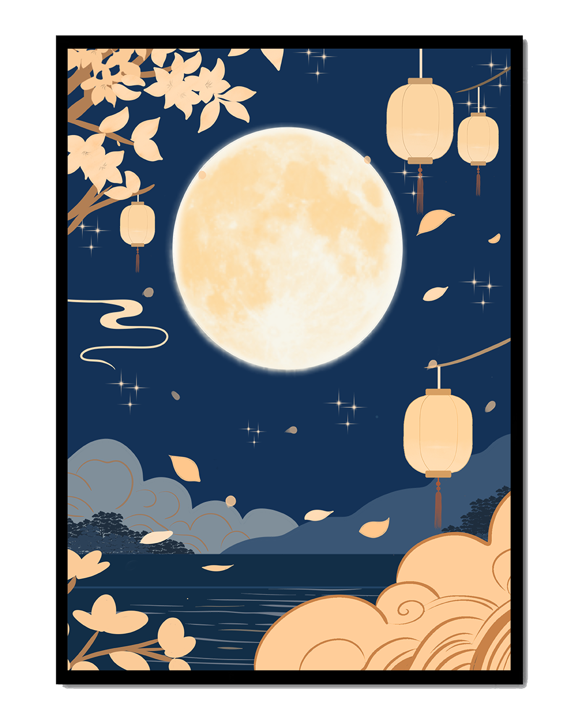 Full Moon Night with Lanterns and Falling Leaves in Tranquil Landscape
