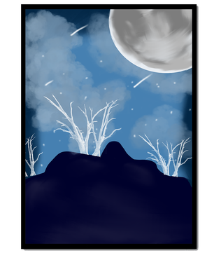 Paysage nocturne d'hiver avec arbres nus et pleine lune