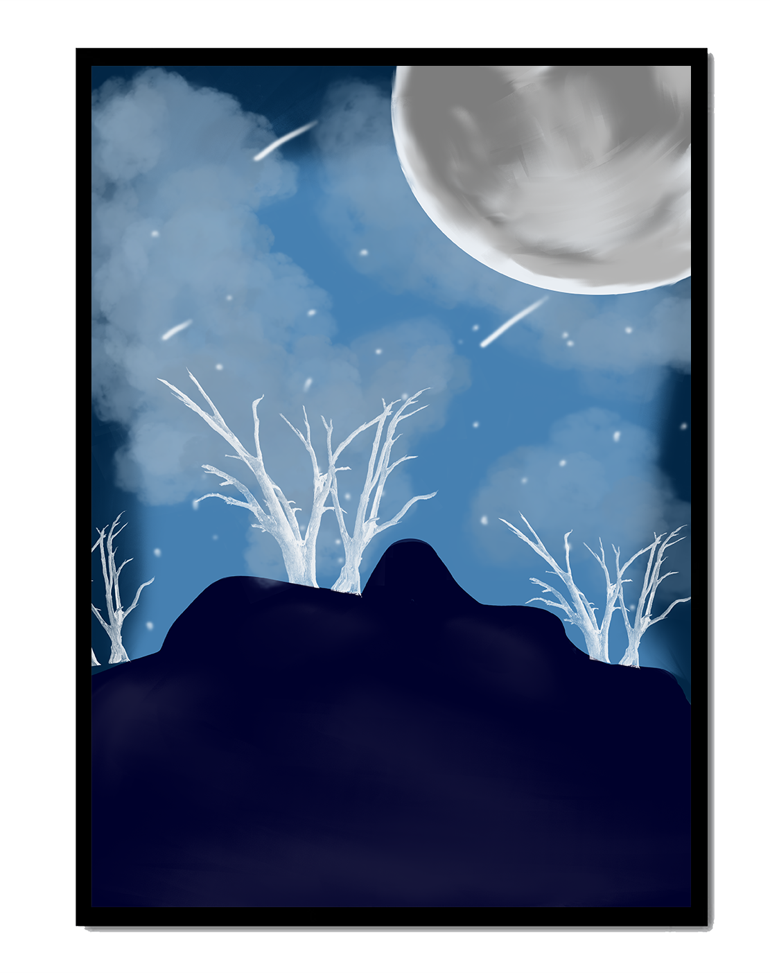 Winter Night Landscape with Bare Trees and Full Moon