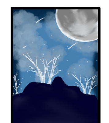Winter Night Landscape with Bare Trees and Full Moon