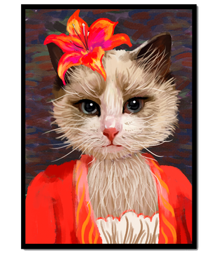 Retrato de gato con acentos de flores vibrantes y atuendo colorido