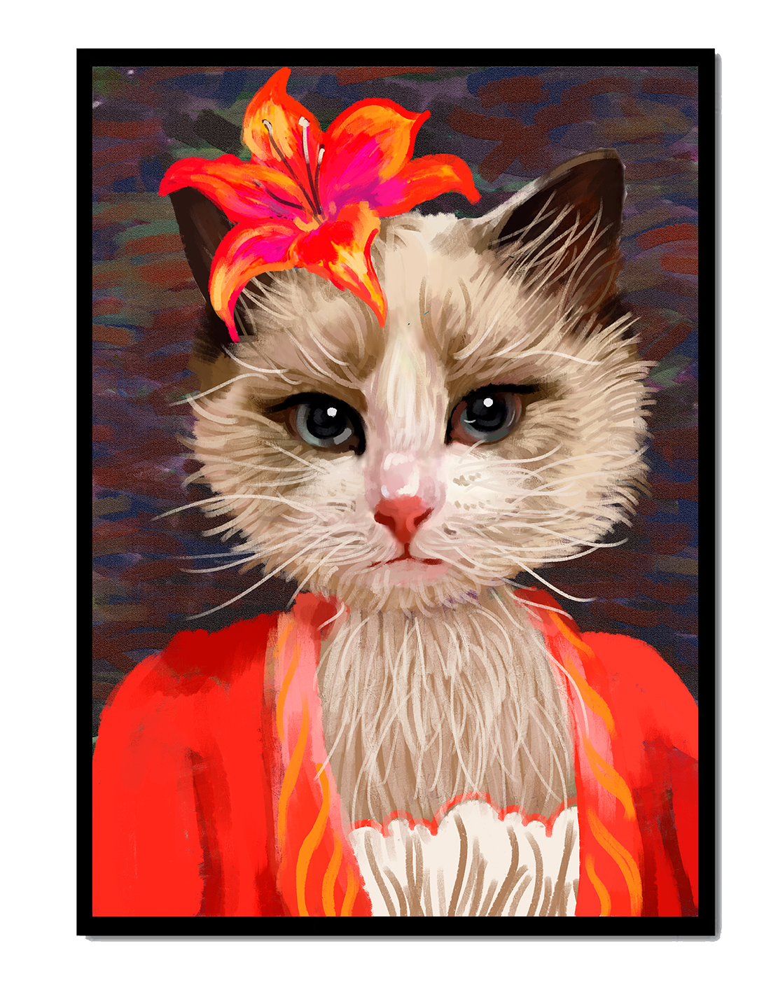 Cat portrait with vibrant flower accent and colorful attire