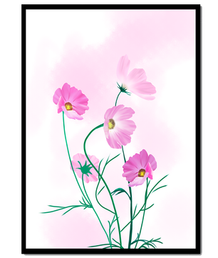 Ilustración digital de flores de cosmos rosadas sobre un fondo pastel suave