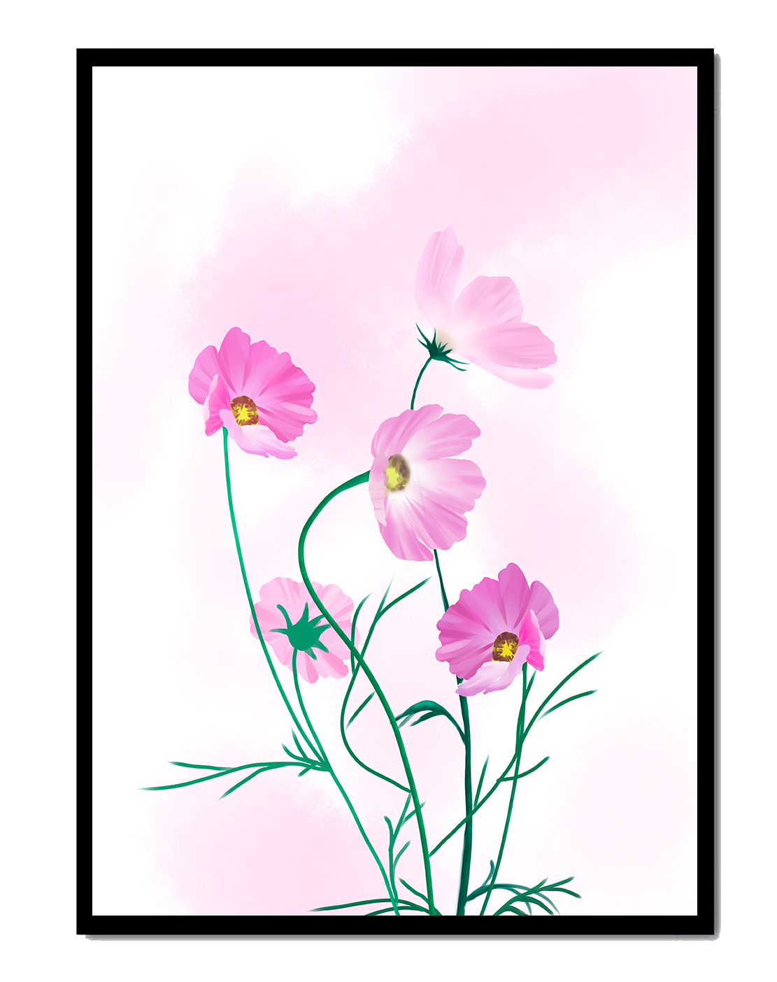 Digital illustration of pink cosmos flowers against a soft pastel background