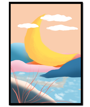 Abstract Landscape with Yellow Crescent and Pastel Colors