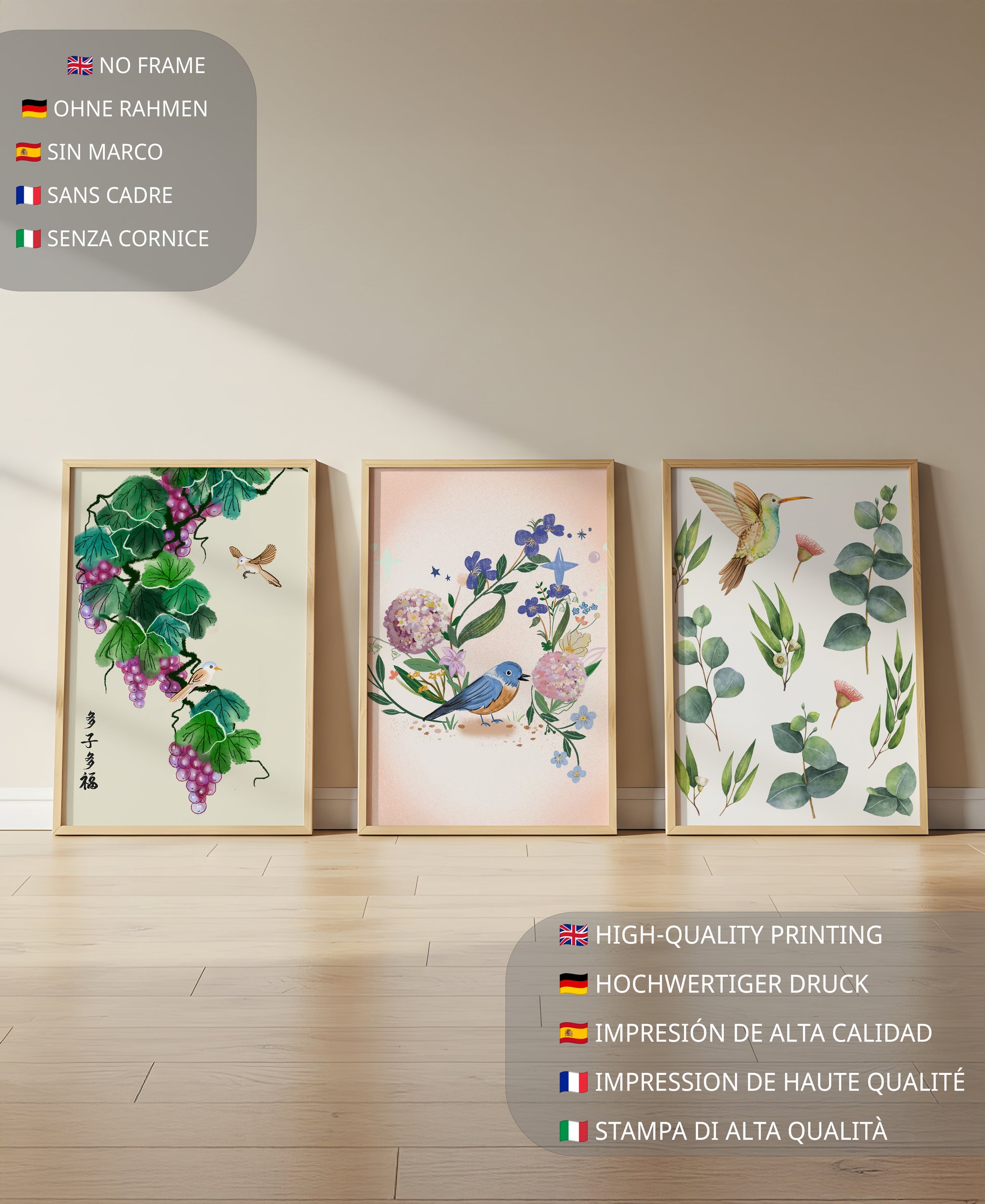 Ensemble de trois œuvres d'art avec des motifs naturels et des oiseaux
