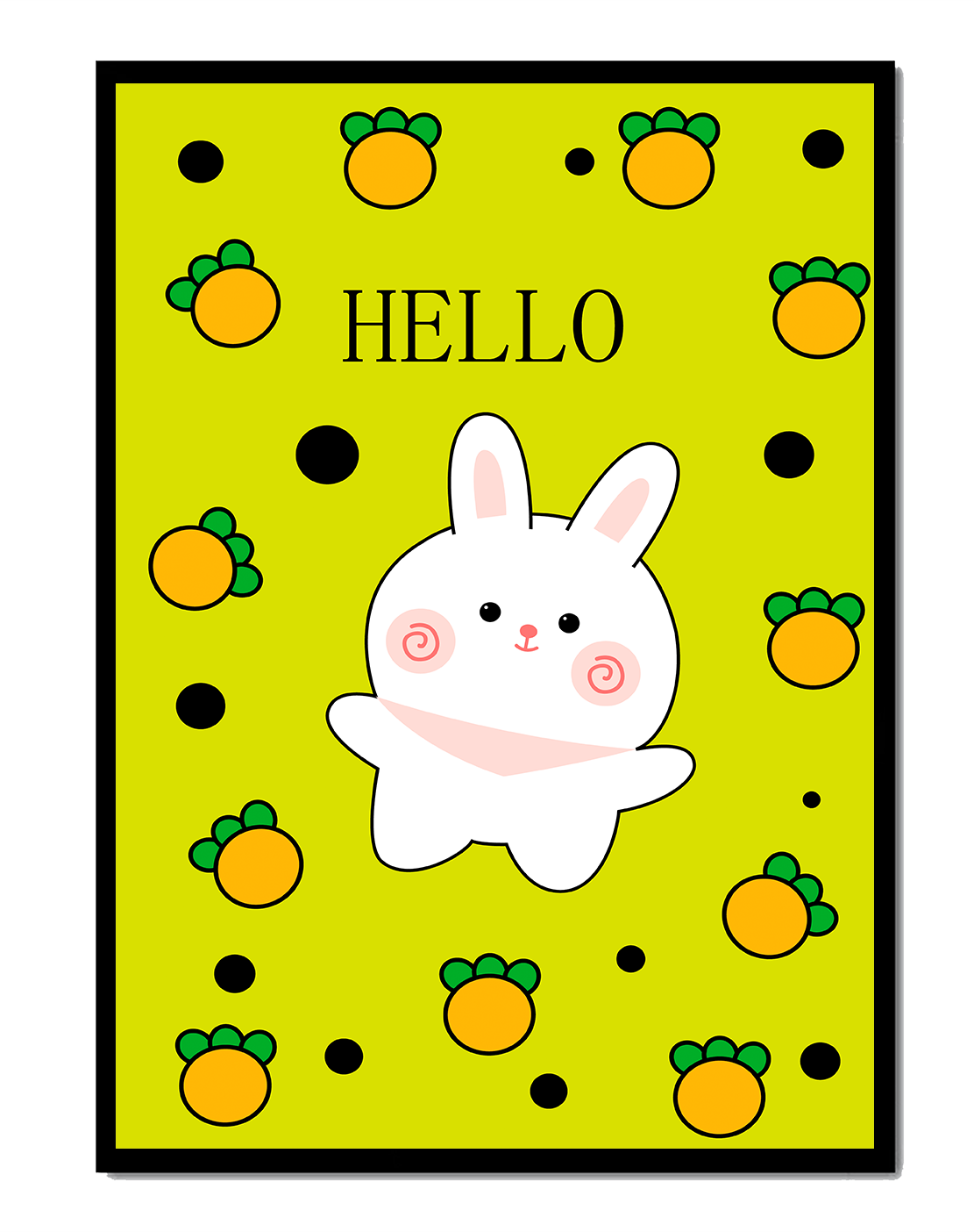 Charming rabbit cartoon illustration on yellow background with orange elements
