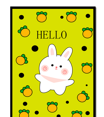 Charming rabbit cartoon illustration on yellow background with orange elements