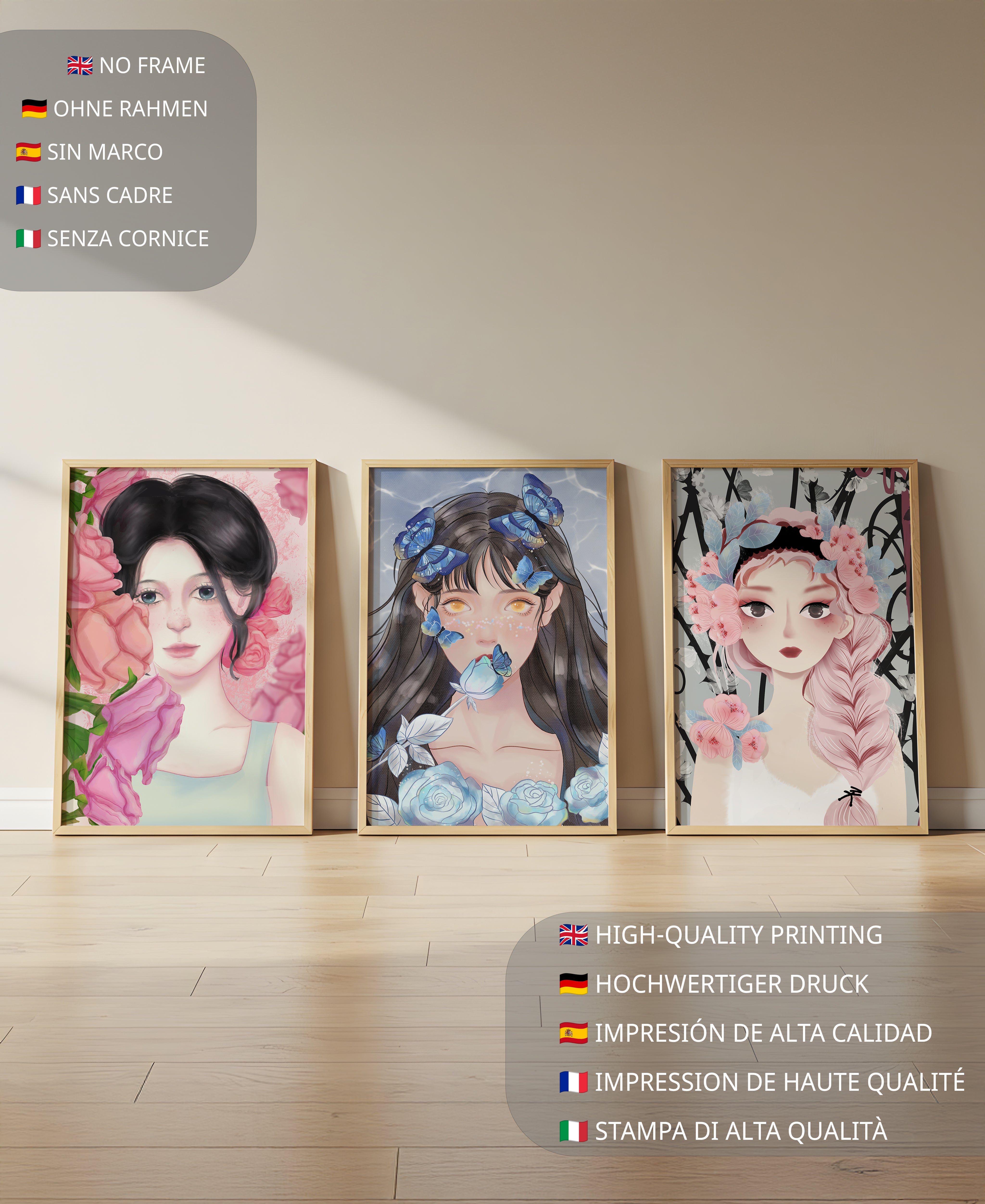 Pinturas De Retratos Femeninos Con Flores Y Mariposas