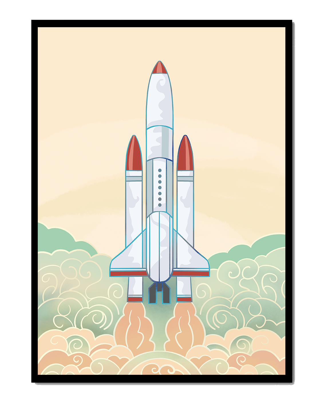 Colorful rocket launch from vintage-style clouds
