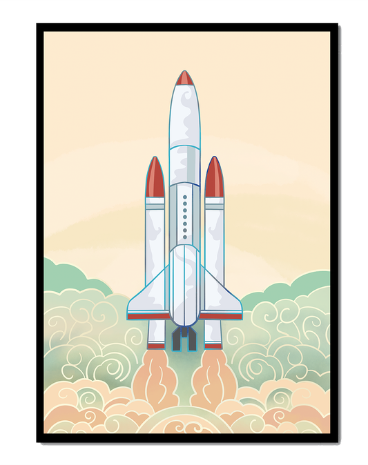Colorful rocket launch from vintage-style clouds