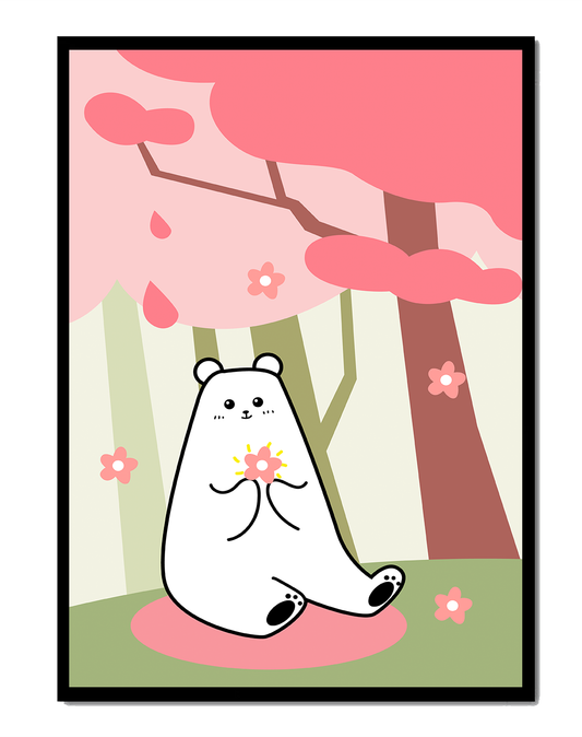 Charming bear holding flower under cherry blossom tree