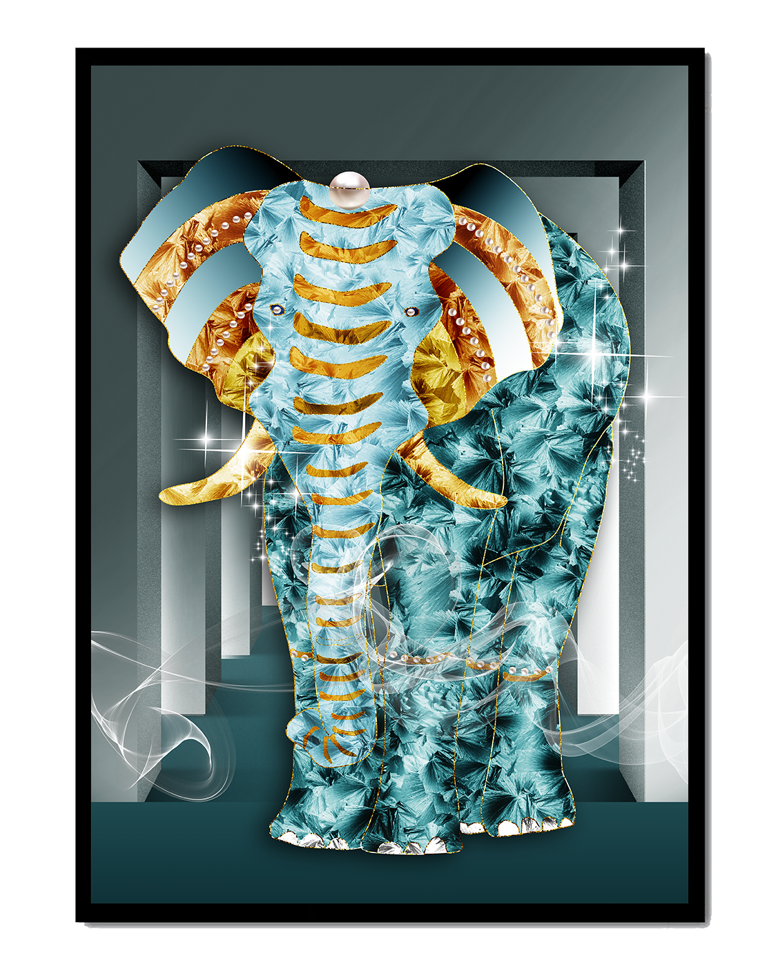 Elephant with Gold and Blue Textures in Surreal Geometric Background