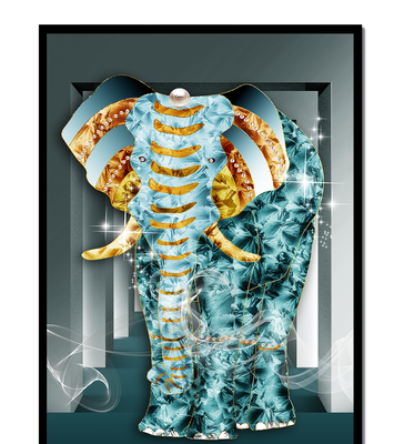 Elephant with Gold and Blue Textures in Surreal Geometric Background