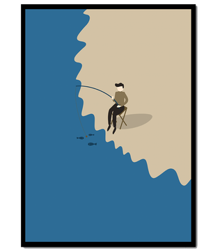 Minimalistic illustration of a person fishing by the sea