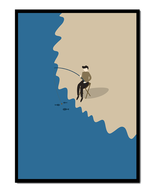 Minimalistic illustration of a person fishing by the sea