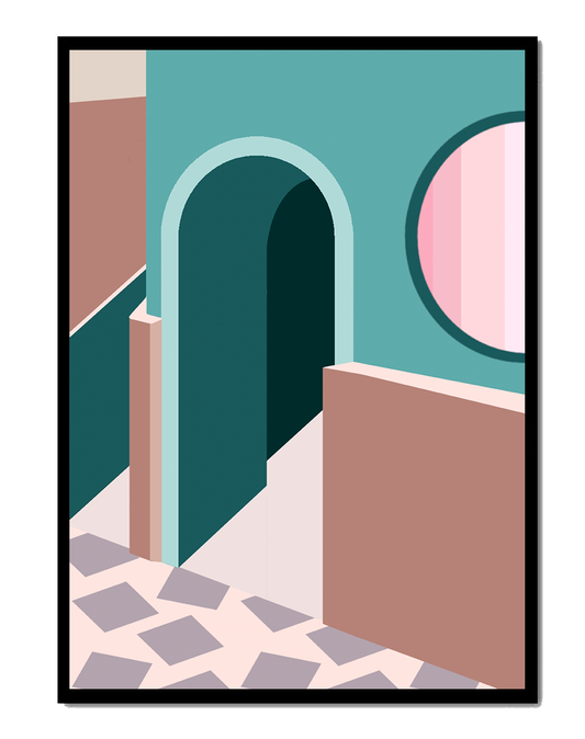 Abstract architectural scene with geometrical shapes