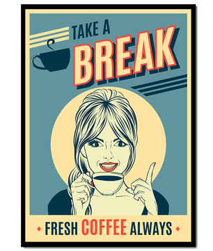Retro Coffee Break Poster with Woman Holding a Cup - Mi tienda