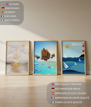 Triptyque de paysages marins avec bateaux et phare