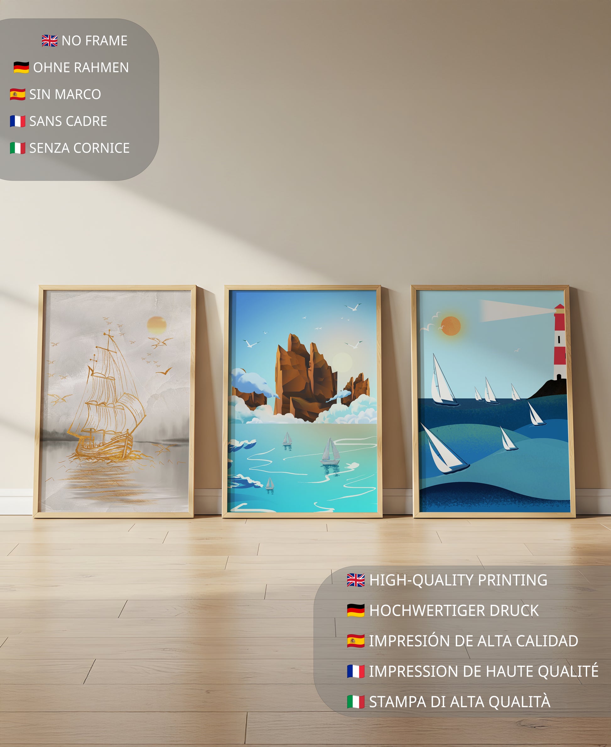 Triptyque de paysages marins avec bateaux et phare