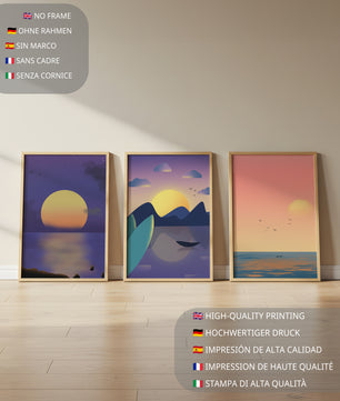 Minimale Sonnenuntergang-Landschaften in digitaler Kunst ohne Rahmen auf Holzboden