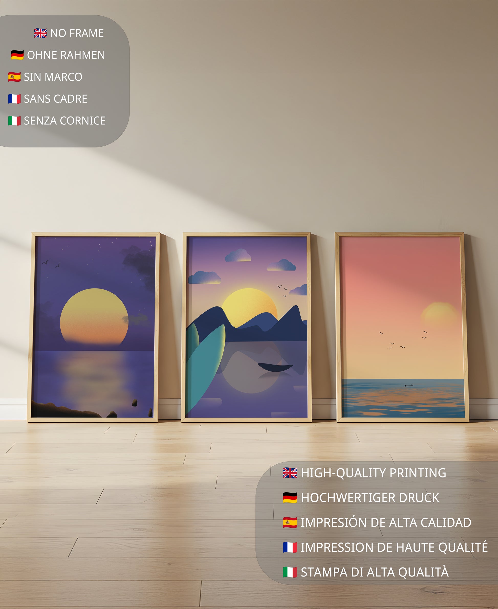Minimale Sonnenuntergang-Landschaften in digitaler Kunst ohne Rahmen auf Holzboden