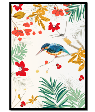 Oiseaux et feuillages colorés dans un décor botanique tropical