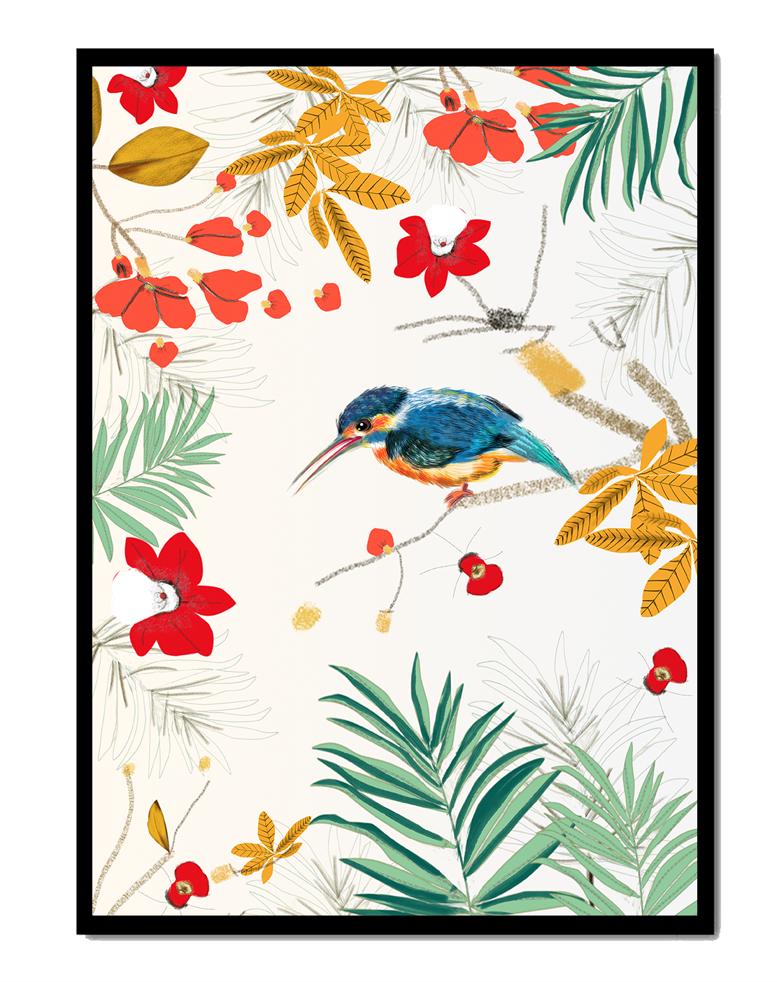 Oiseaux et feuillages colorés dans un décor botanique tropical