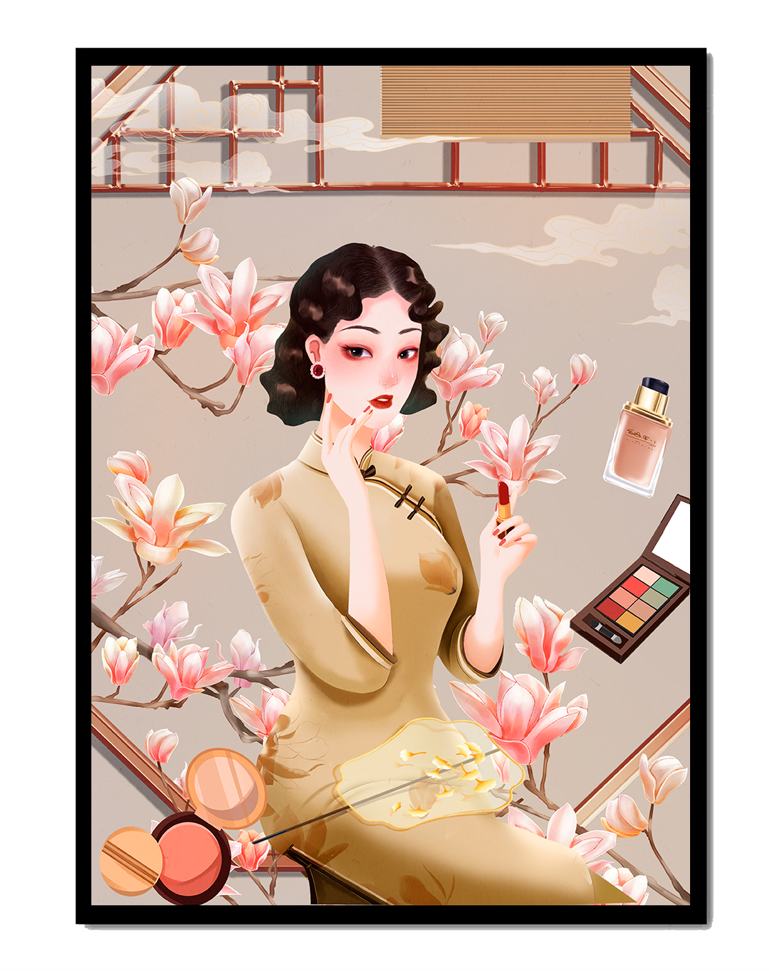 Elegant illustration of a woman with makeup and magnolia flowers