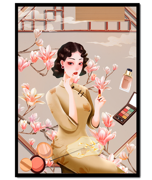 Elegant illustration of a woman with makeup and magnolia flowers