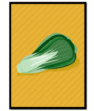 Illustrated bok choy on vibrant yellow background with stripes