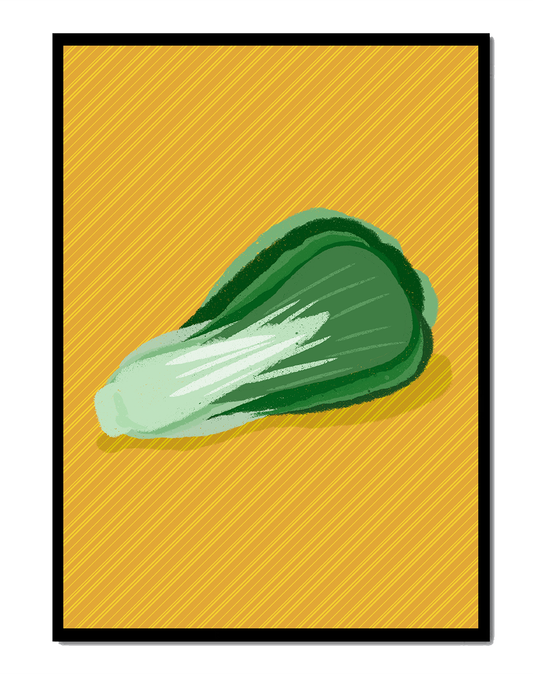 Illustrated bok choy on vibrant yellow background with stripes