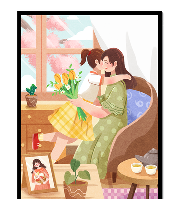 Cozy living room scene with mother and daughter hugging near window