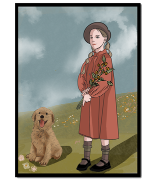 Jeune fille avec des tresses tenant des fleurs à côté d’un chiot heureux dans un champ paisible