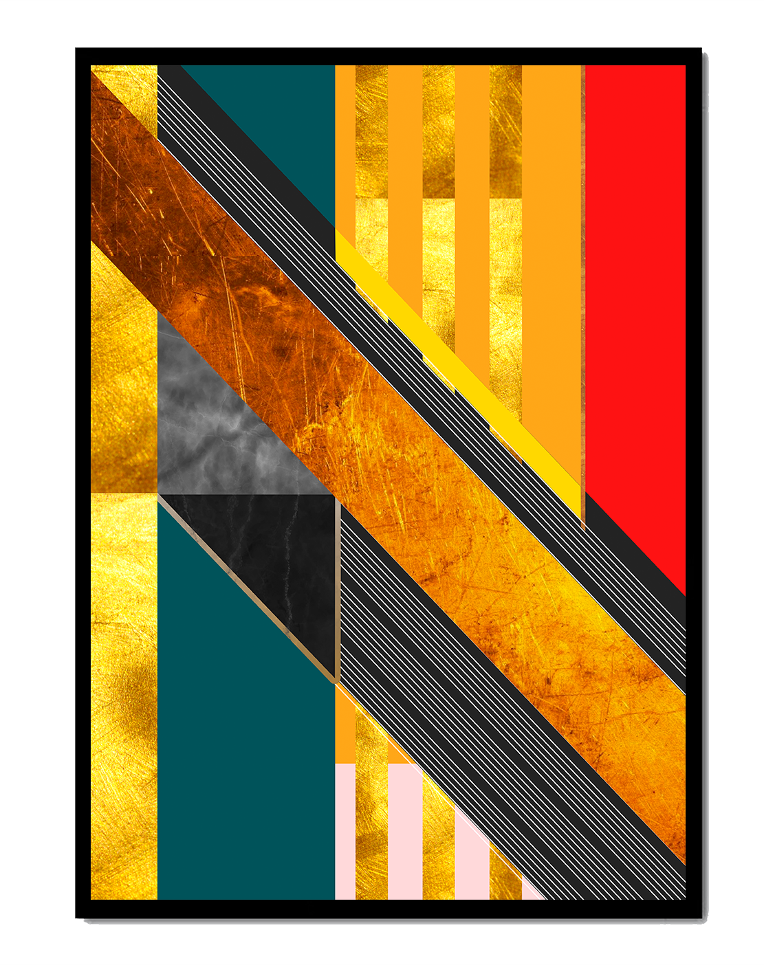 Abstract geometric design with gold accents and vibrant colors