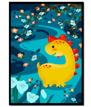 Golden Dinosaur in Enchanted Floral Forest