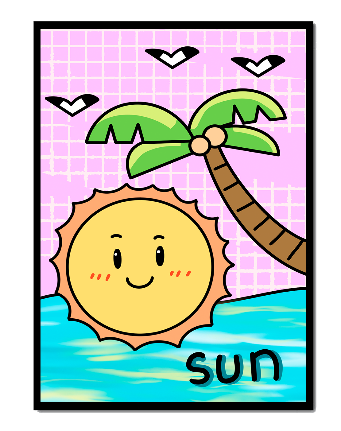 Cartoon sun with palm tree and ocean scene