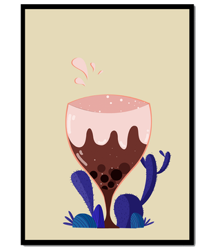 Illustration eines skurrilen Weinglases mit Flüssigkeitsspritzern und violetten Pflanzen