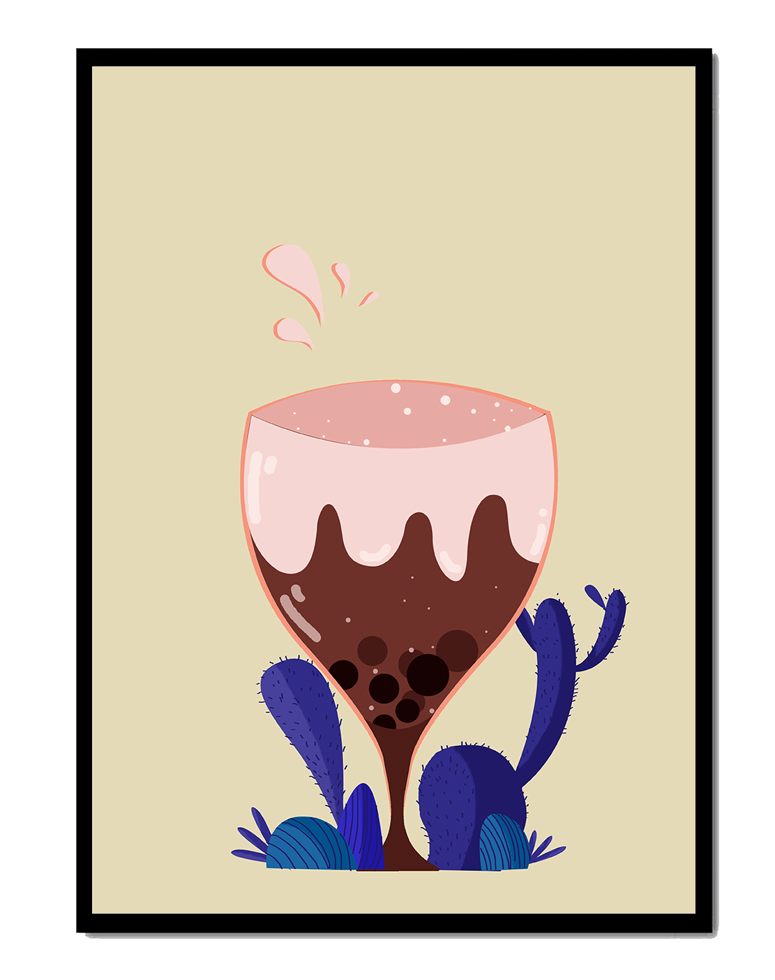 Illustration of a whimsical wine glass with liquid splash and purple plants