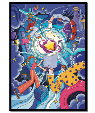 Exploration cosmique colorée avec personnages animés et formes géométriques