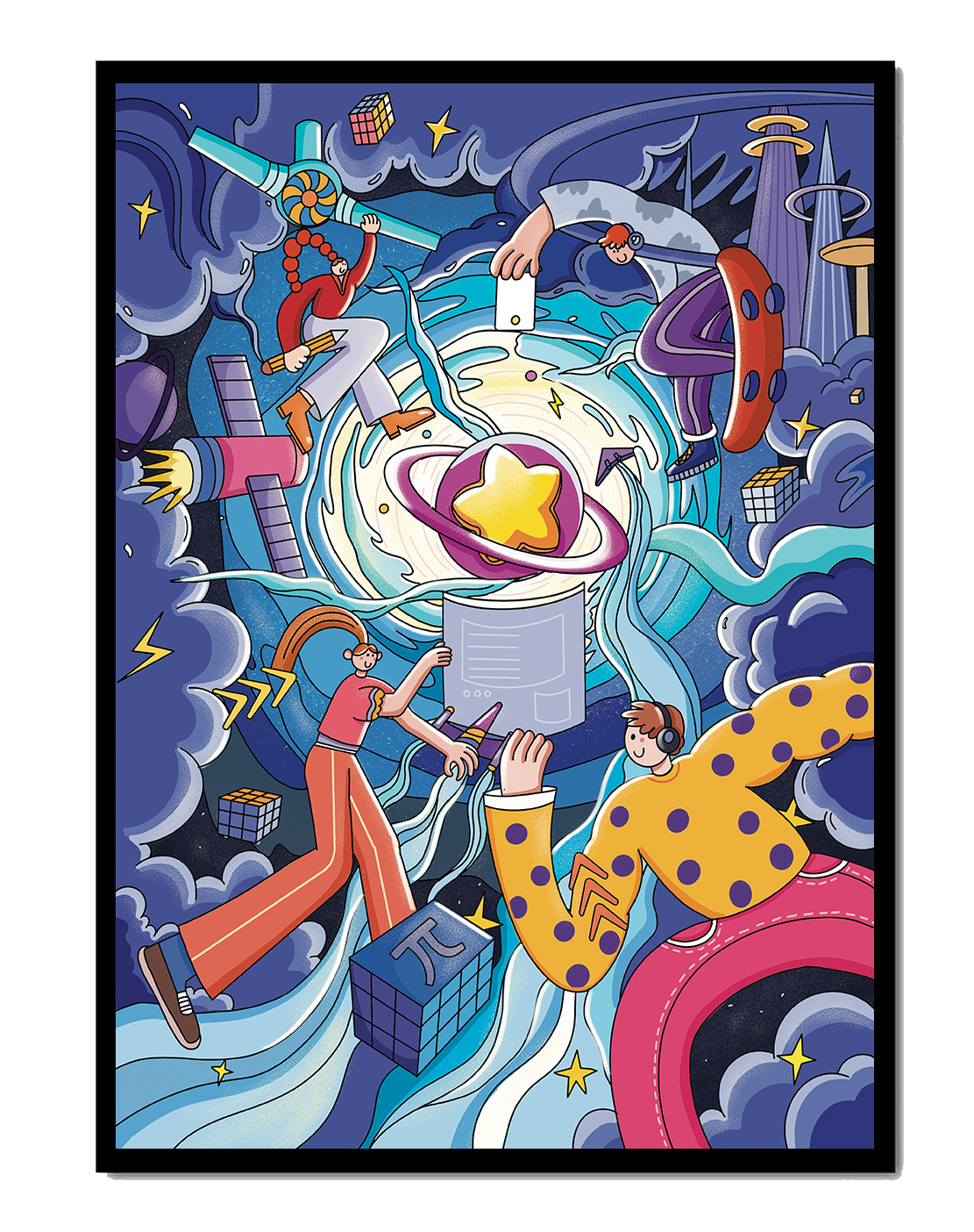 Colorful Cosmic Exploration with Animated Characters and Geometric Shapes