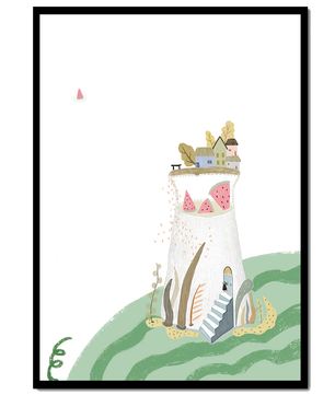 Whimsical Landscape with Fantasy Village and Watermelon Elements
