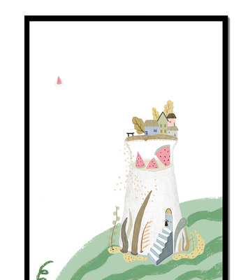Whimsical Landscape with Fantasy Village and Watermelon Elements