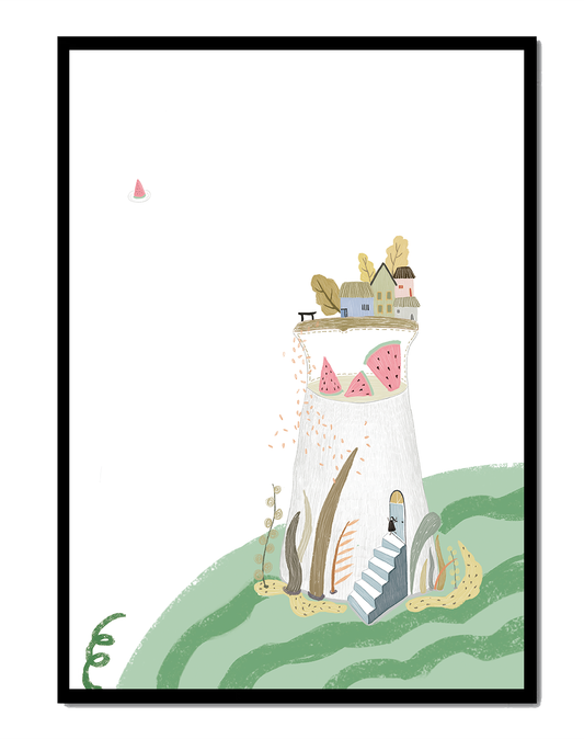 Whimsical Landscape with Fantasy Village and Watermelon Elements
